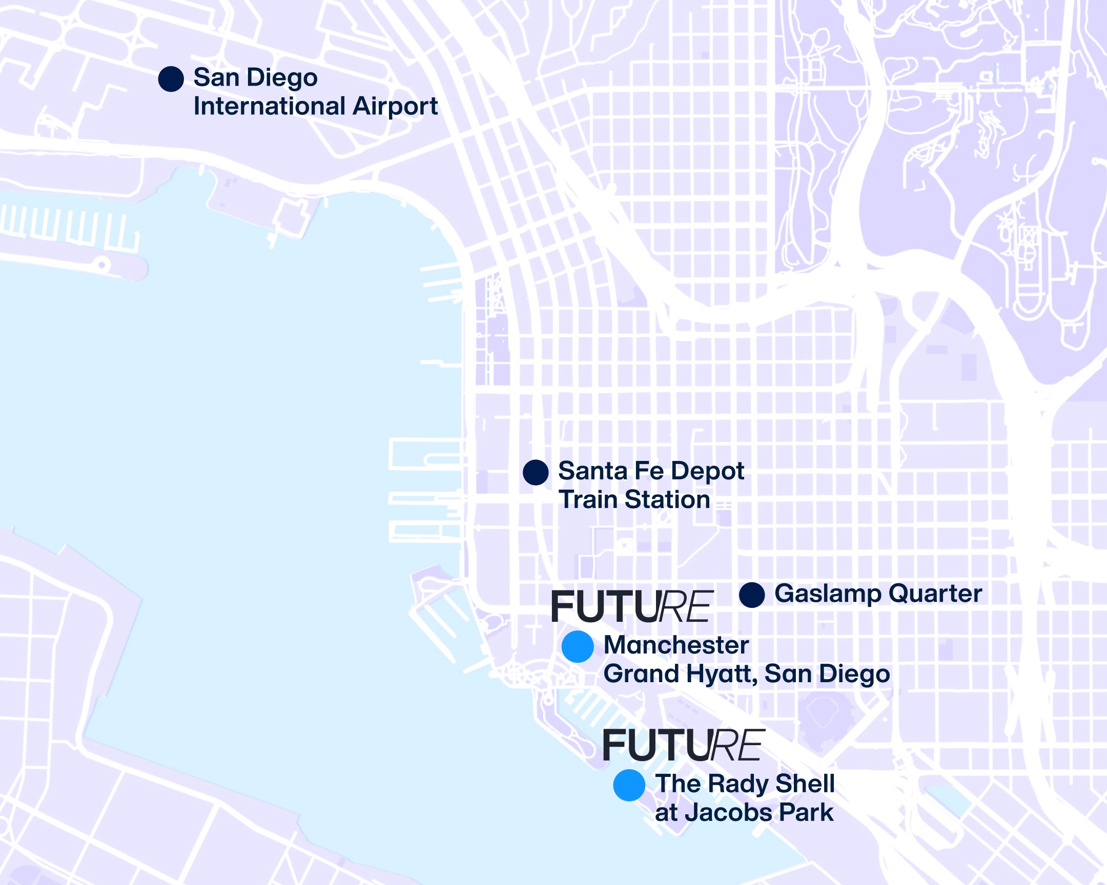 Map showing travel landmarks near the Manchester Grand Hyatt in San Diego, including the airport, train station, and local attractions