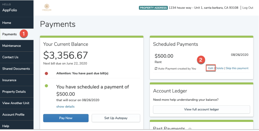 A screen shot of the AppFolio Property Manager Payments interface, showing Current Balance, Scheduled Payments, Account Ledger, and Past Payments.