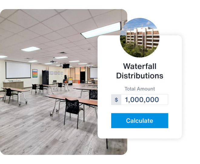 A photo of an office meeting room, with an AppFolio Investment Management Waterfall Distributions tile showing values of 'Total Amount: $1,000,000' and a 'Calculate' button.