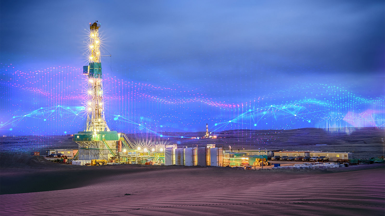 Rig site image with overlaid digital patterns indicating digitalized operations