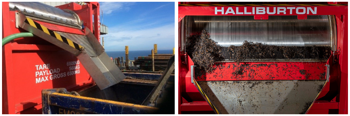 Shows the BaraMag system in action with discharge chute positioned over a skip (left), and a close-up of recovered swarf (right). 