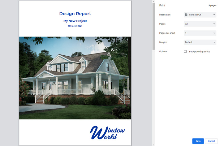 Design report from home remodel design on Window World Visualzer