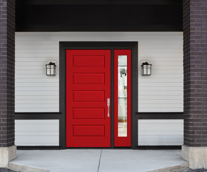 Bright red front door on a modern home