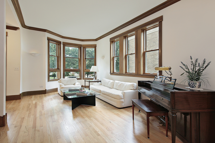 Wood frame windows in a living area