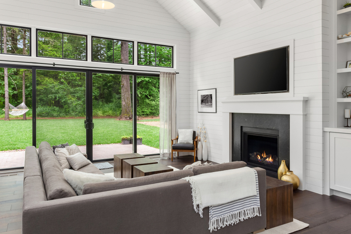 Large living room inside a farmhouse-style home