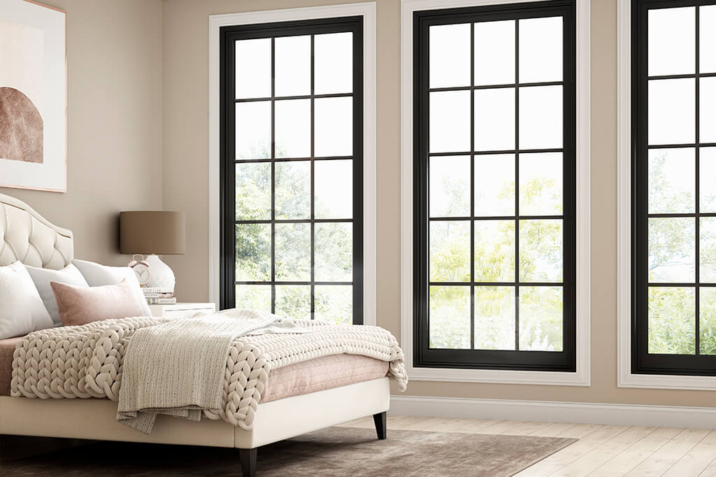 Black frame windows in a bedroom