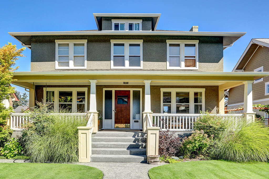 Front porch view of Craftsman-style home