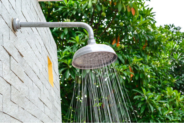 Outdoor patio with an outdoor shower