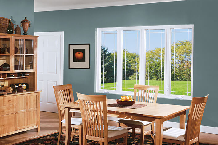 Dining room casement windows creating a focal point of the outside patio