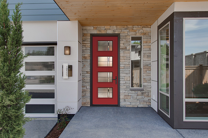 gray house black trim red door