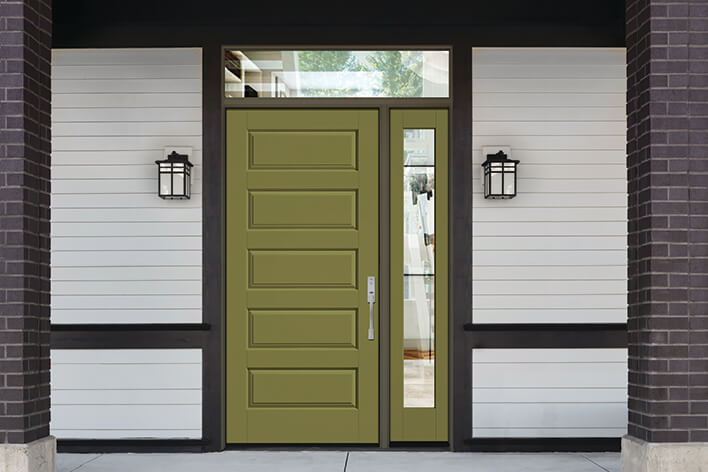 Green entry door with a matching sidelite