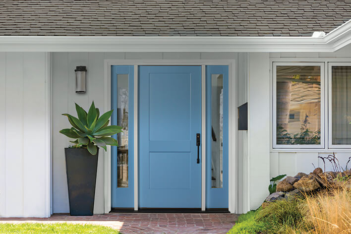 Blue front door with side windows