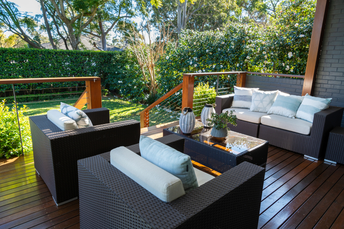 Patio furniture on an outdoor deck