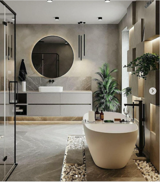 A modern bathroom with glass shower enclosure and large white tub