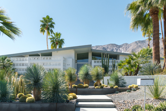 A mid-century modern home with exterior features that include a sloped roof as well as an assortment of cacti and other plants