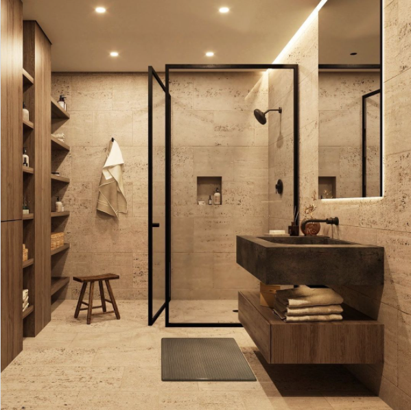 A modern-style bathroom with marble, wood, and glass design