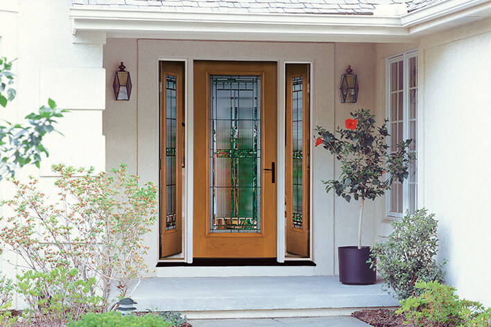 Wood-style front door with glass