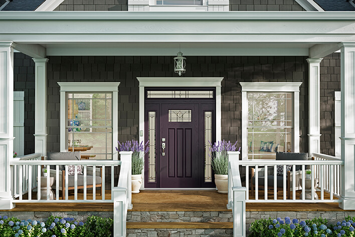 Dark purple front door with sidelites