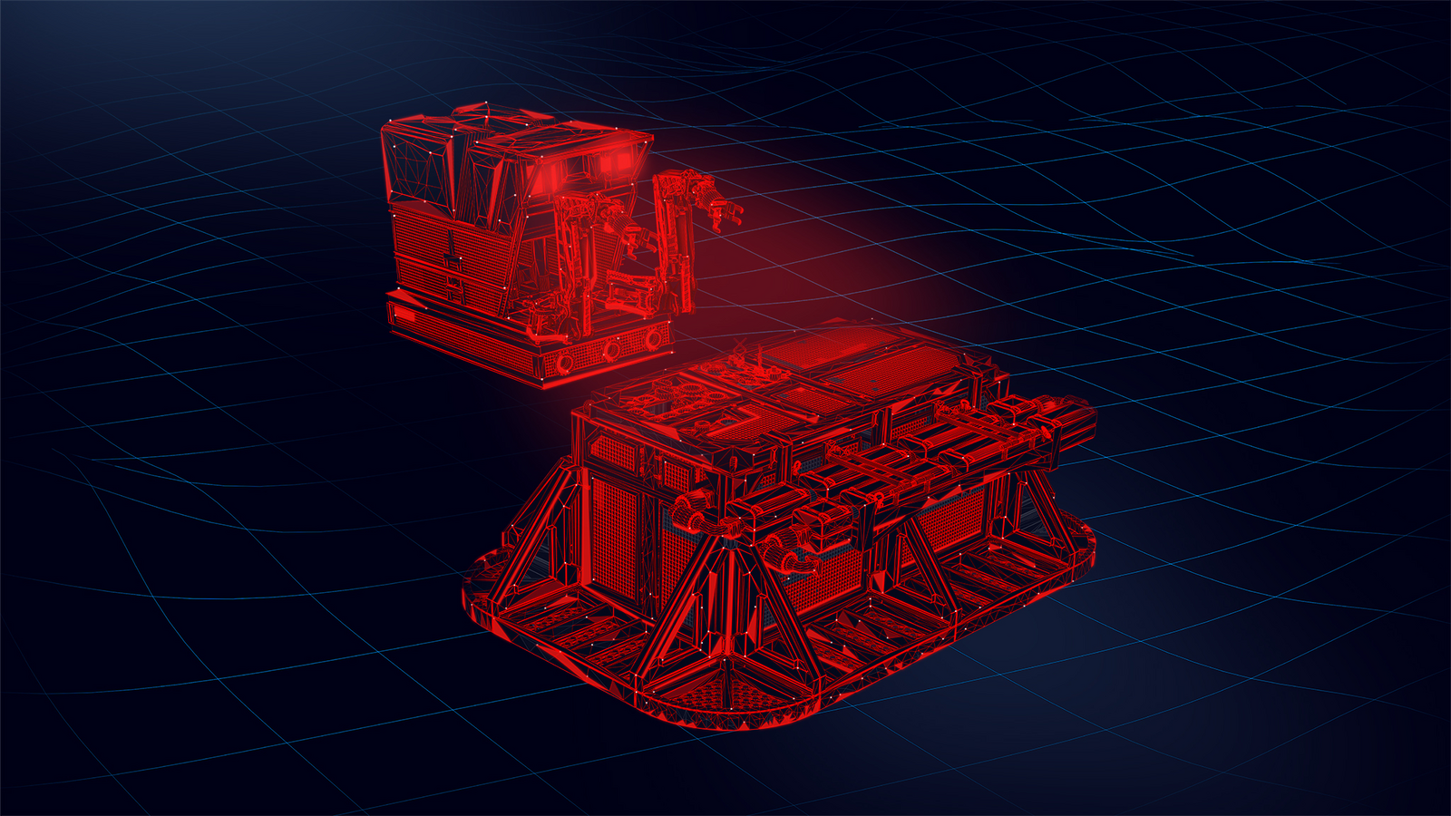 Wireframe models of equipment on a dark blue grid background, showing detailed structural components. 