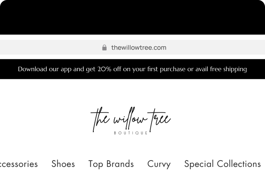 A Shopify store’s website showing a homepage sticky bar with a 20% discount for users who install their app.