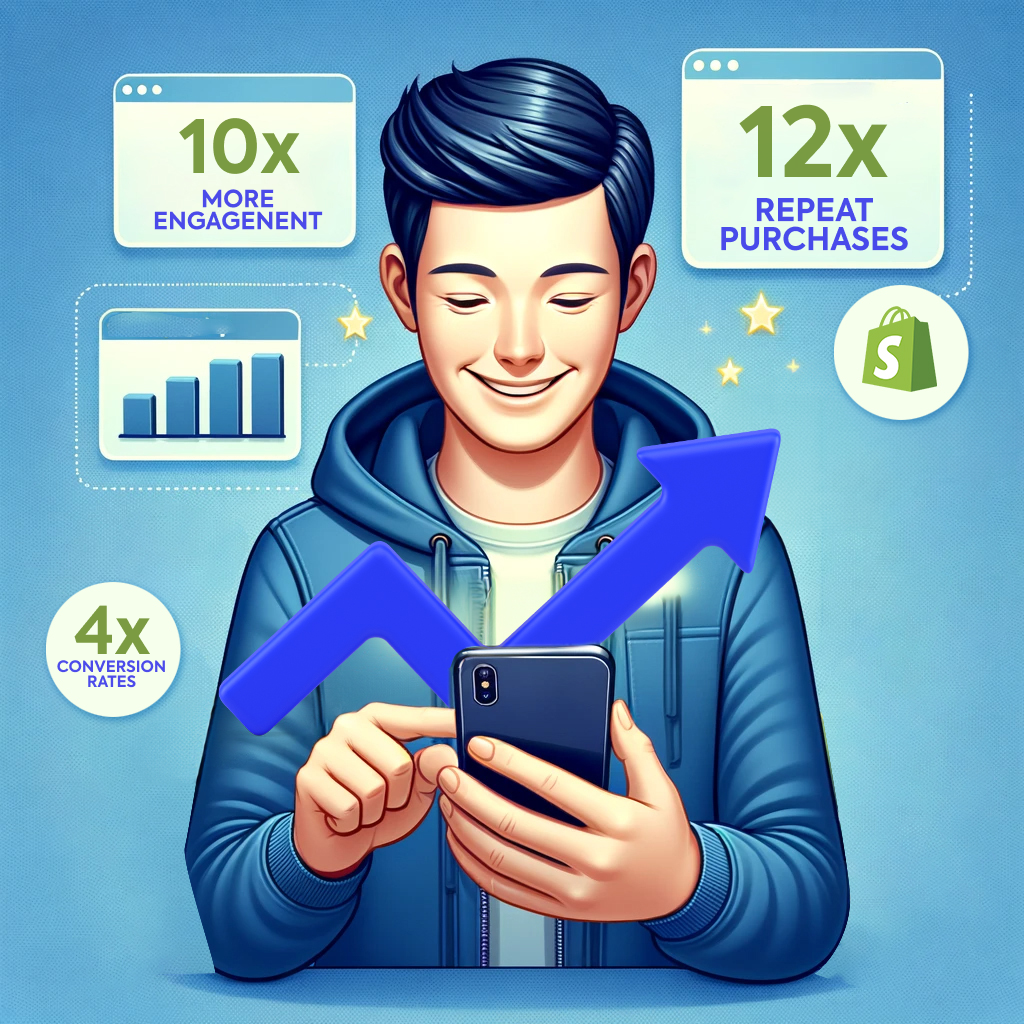 This image shows a happy Shopify Store Owner looking at their smartphone screen, with a graph in the background indicating a rising trend in customer engagement and repeat purchases. It visualizes the concept of reduced advertising spend due to increased customer retention achieved through a video-first mobile app