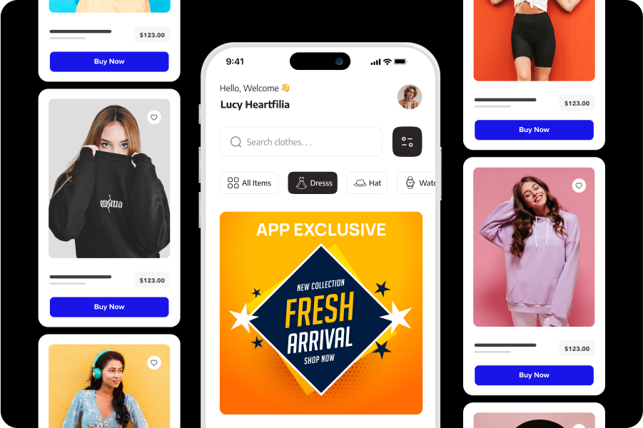 A Shopify store’s mobile app screen greeting a customer by name, with images of products they can buy on the sides.