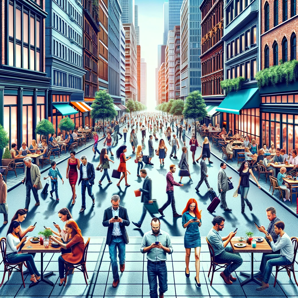 This image portrays a bustling city street with people both walking and sitting at restaurants, all engrossed in their mobile phones. It vividly depicts a diverse group of individuals, some strolling down the street, others seated at outdoor restaurant tables, all focused on their smartphones. This scene effectively illustrates the dominance of mobile traffic in today's world, highlighting how people are constantly connected to their mobile devices in various urban settings, whether they are moving or stationary