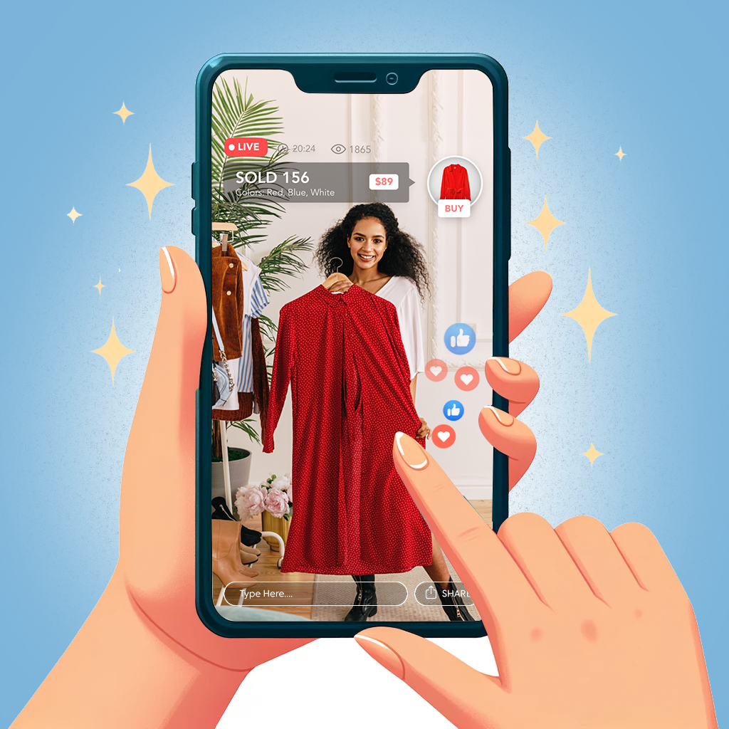 This illustration features a smartphone screen with a live streaming interface, where a girl is showcasing a fashionable dress. The scene captures the dynamic and engaging nature of live video content in e-commerce, highlighting the interactive and visually appealing aspect of shopping through live streams within a mobile app. It emphasizes how live video content has become a key element in modern e-commerce, especially in attracting and retaining the attention of customers