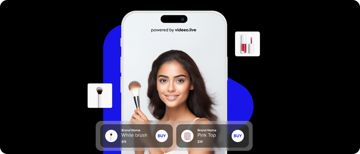 A smartphone displaying a shoppable video of a beauty tutorial with clickable options to buy a brush and a pink top.