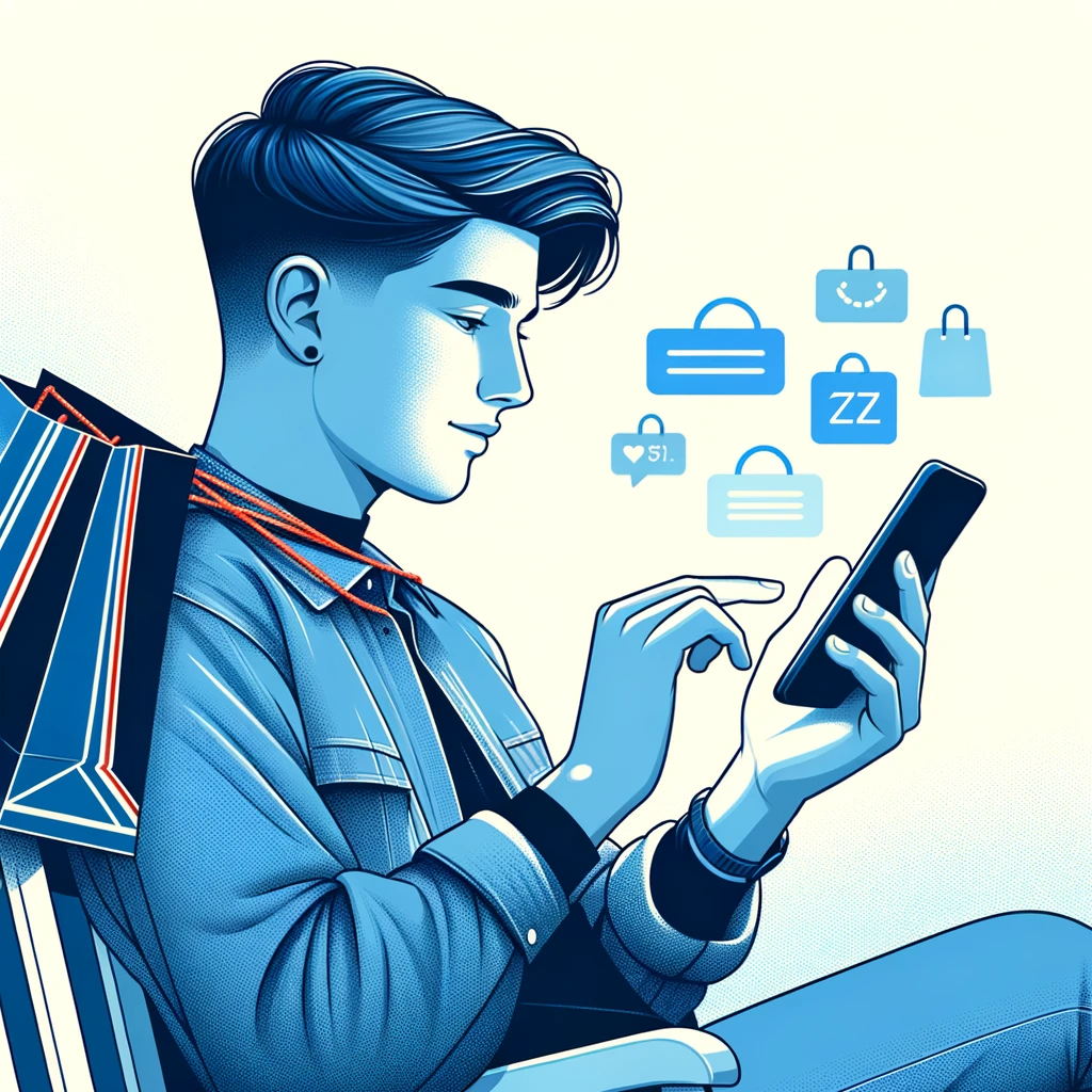 A young Gen Z individual is shown immersed in shopping on their smartphone. This image conveys the natural shopping habits of Gen Z, who prefer mobile-first experiences