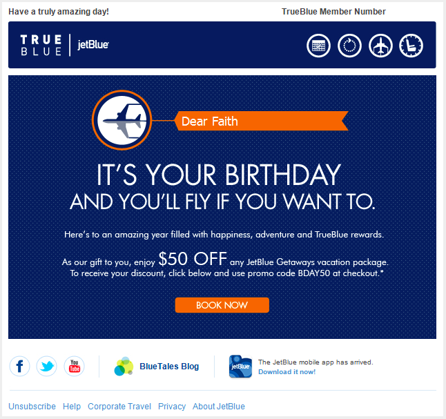 JetBlue coupon on birthday