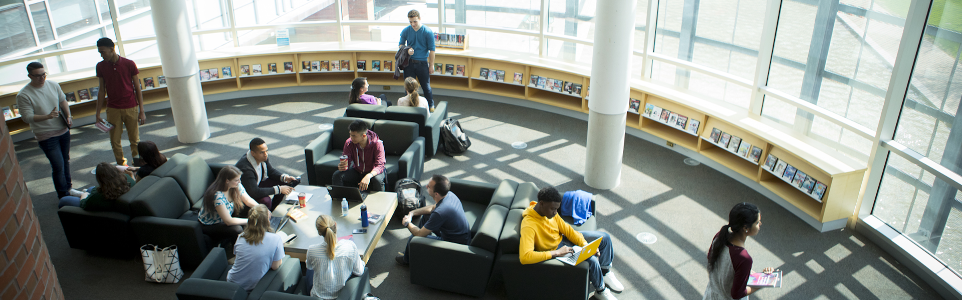 Bird eye image of students studying in the library.