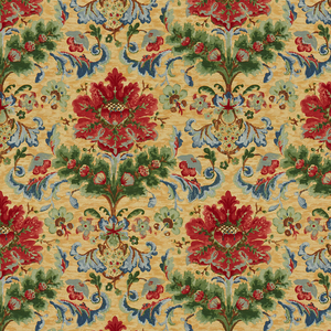 Windsor Damask Cotton & Linen Print - Red On Topaz