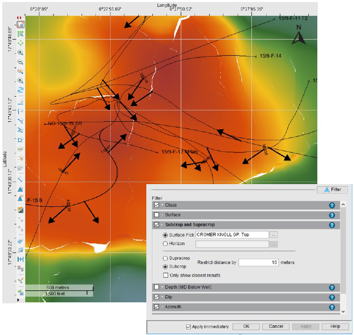 Figure 3: An example of sediment transport direction dip data displayed in map view and the subcrop and supracrop filter 
