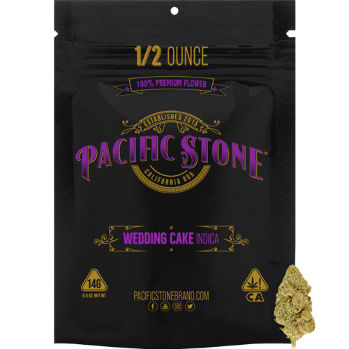 A photograph of Pacific Stone Flower 14.0g Pouch Indica Wedding Cake (8ct)