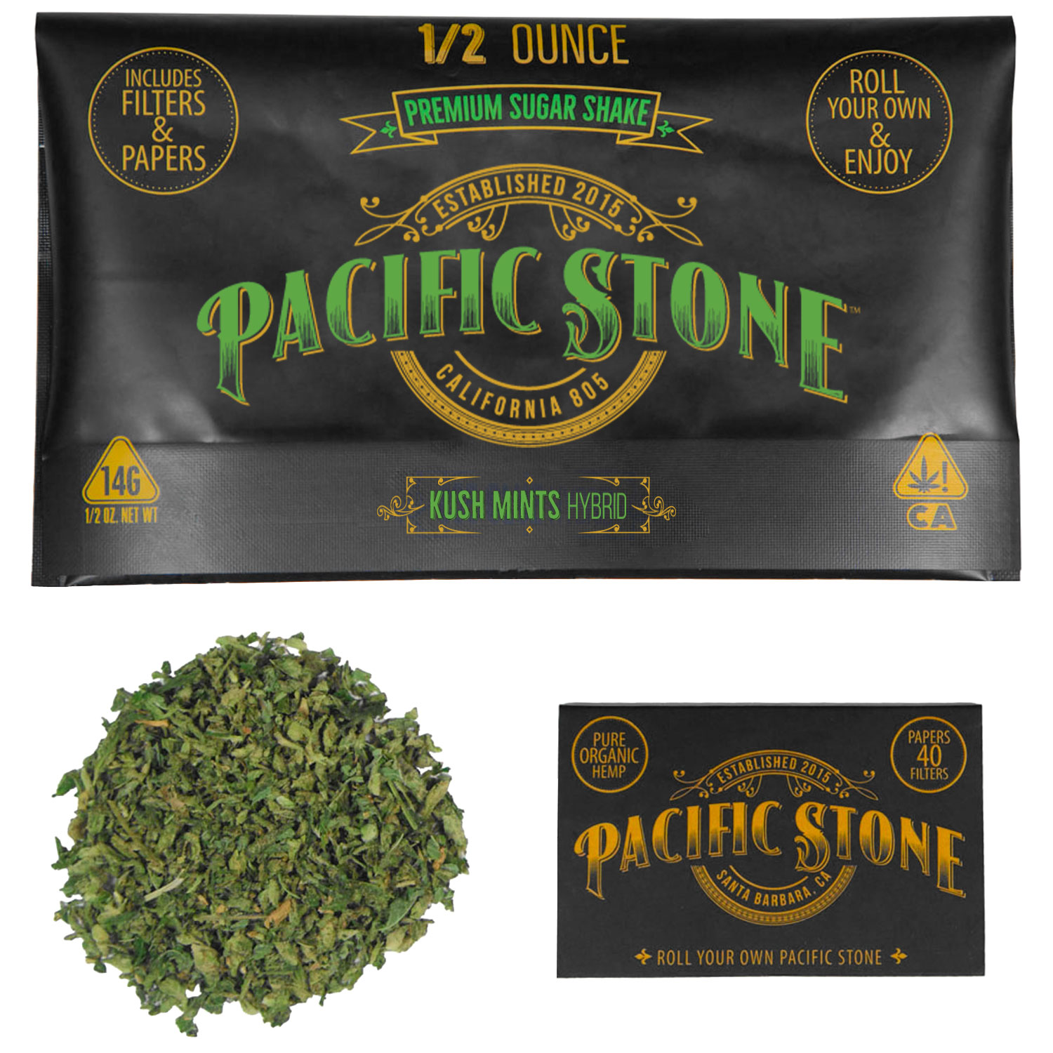 A photograph of Pacific Stone Roll Your Own Sugar Shake 14.0g Pouch Hybrid Kush Mints