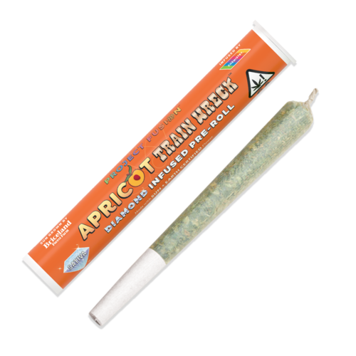 A photograph of Chemistry Diamond Infused Preroll Apricot Trainwreck