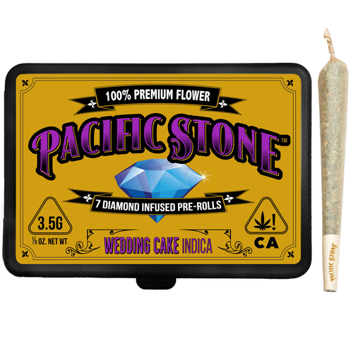 A photograph of Pacific Stone Diamond Infused Prerolls 0.5g Indica Wedding Cake 7-Pack 3.5g