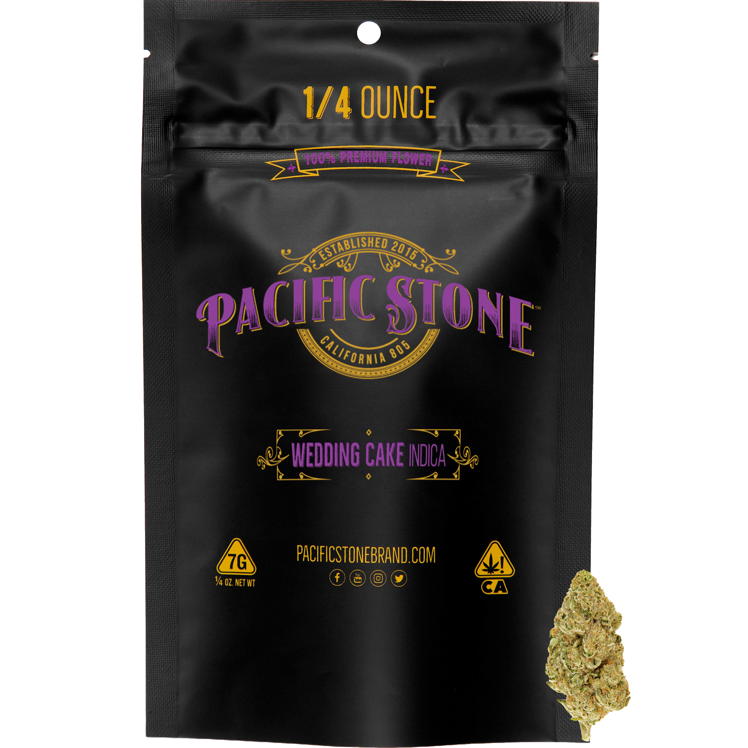 A photograph of Pacific Stone Flower 7.0g Pouch Indica Wedding Cake