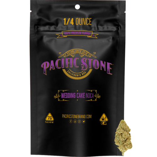 A photograph of Pacific Stone Flower 7.0g Pouch Indica Wedding Cake