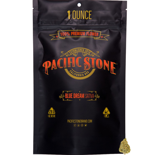 A photograph of Pacific Stone Flower 28.0g Pouch Sativa Blue Dream (4ct)