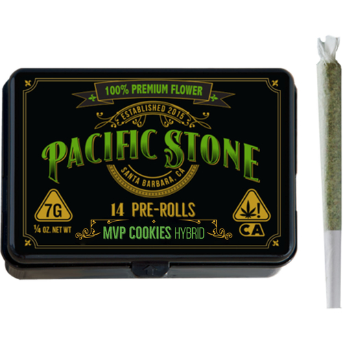 A photograph of Pacific Stone Preroll 0.5g Hybrid MVP Cookies 14-Pack 7.0g
