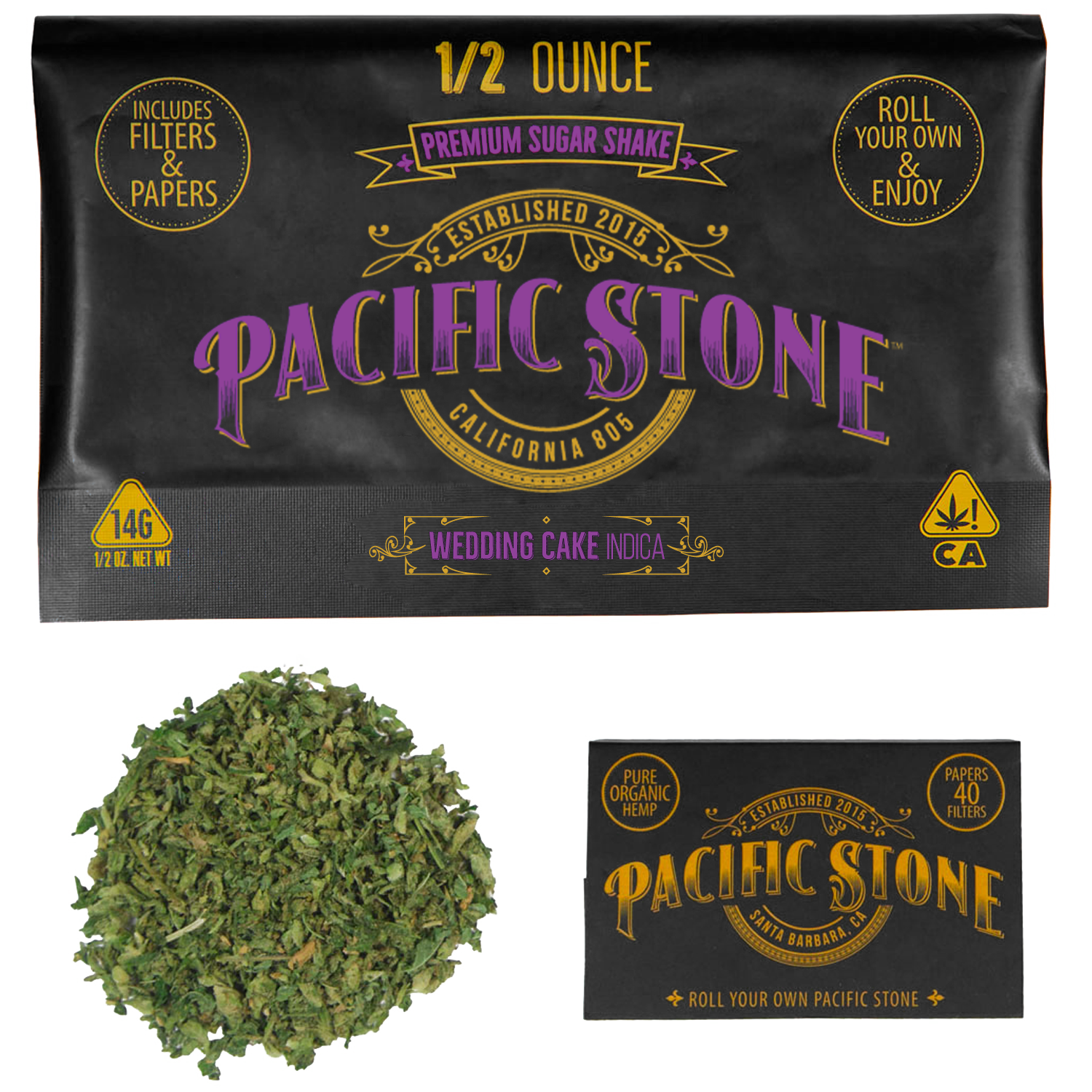 A photograph of Pacific Stone Roll Your Own Sugar Shake 14.0g Pouch Indica Wedding Cake