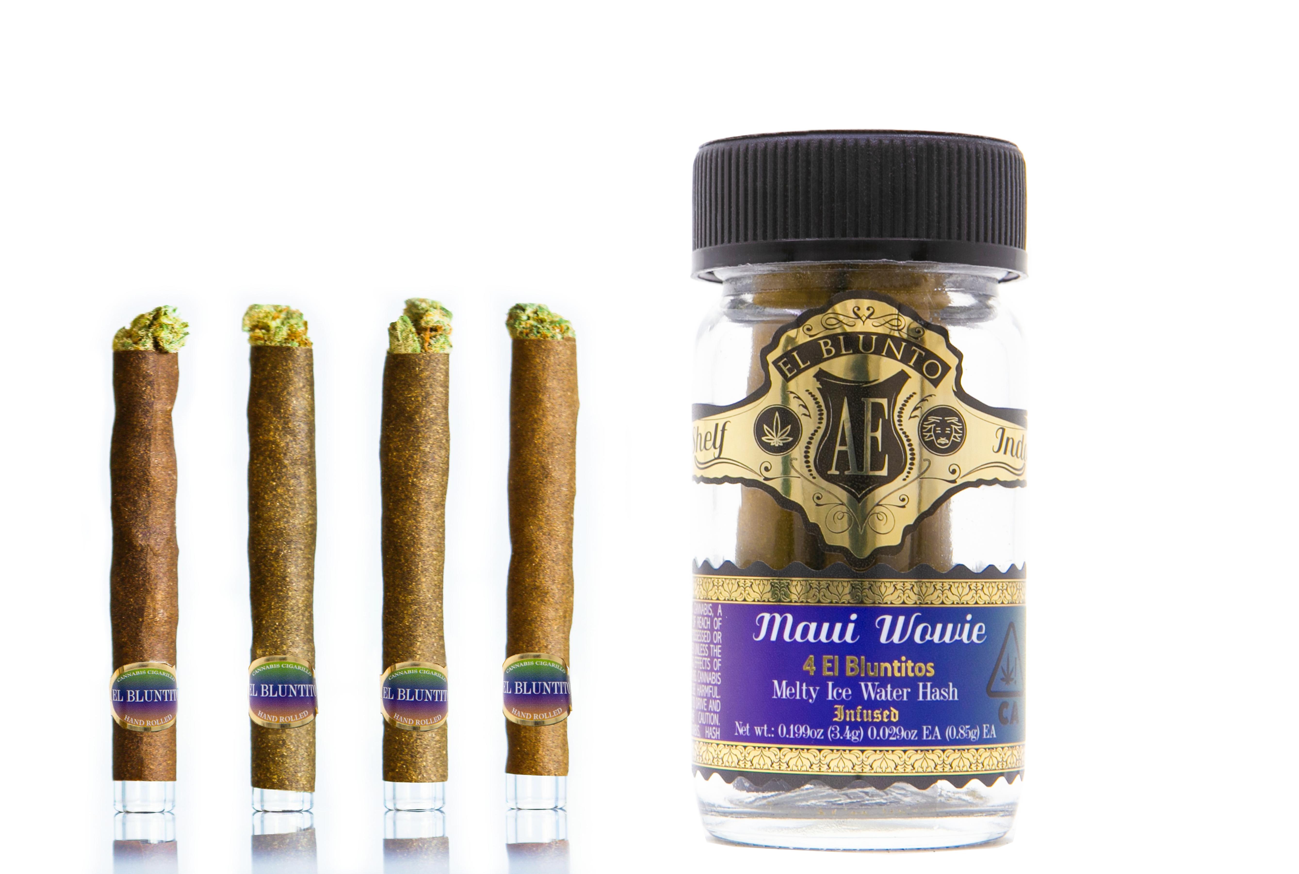A photograph of AE ROSE GOLD El Bluntito .85g 4pk Hash Infused Sativa Maui Wowie 3.4g