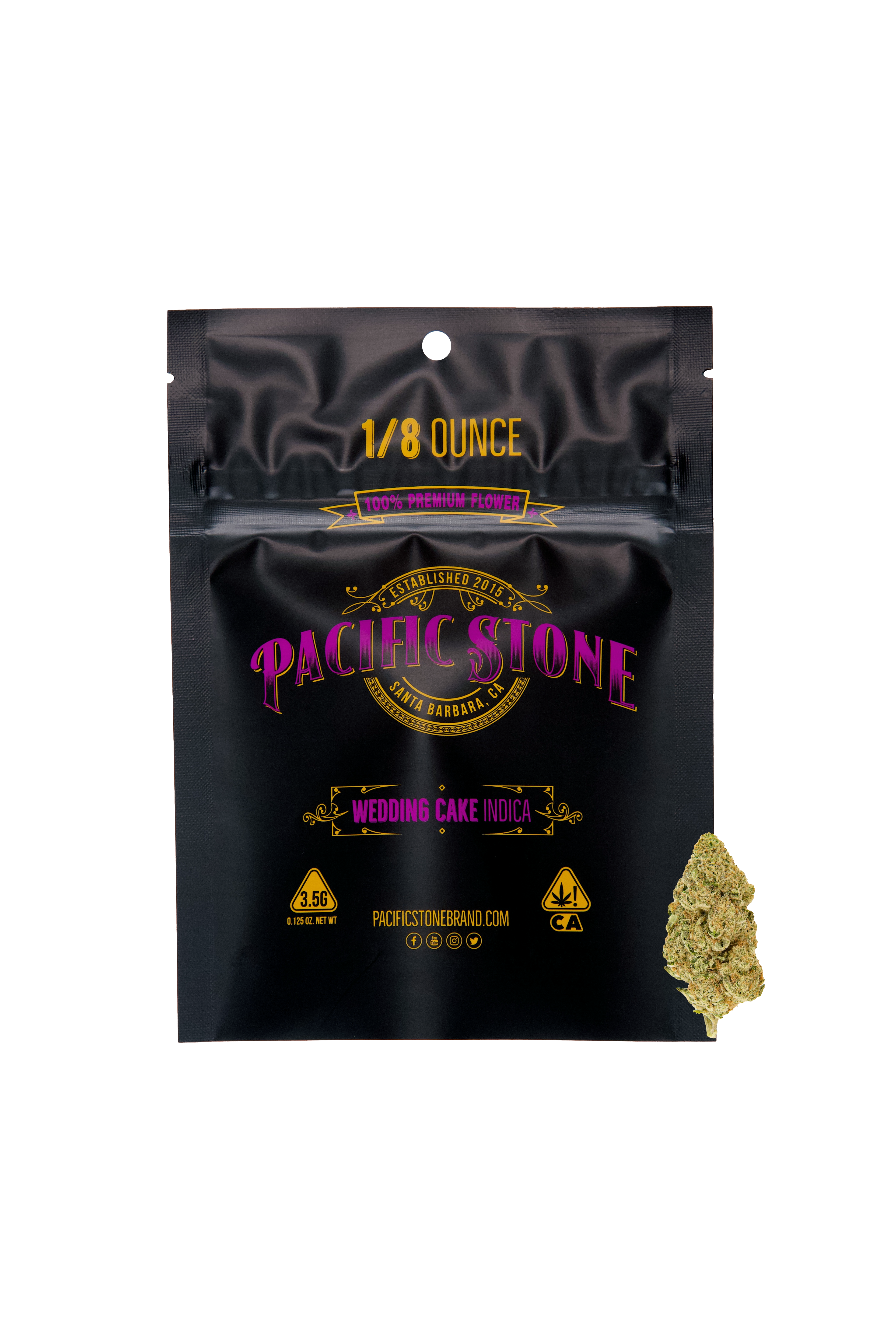 A photograph of Pacific Stone Flower 3.5g Pouch Indica Wedding Cake