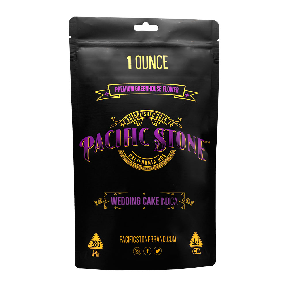 A photograph of Pacific Stone Flower 28.0g Pouch Indica Wedding Cake (4ct)
