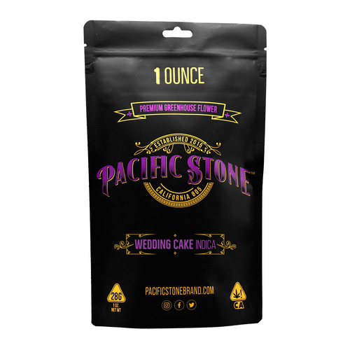 A photograph of Pacific Stone Flower 28.0g Pouch Indica Wedding Cake (4ct)