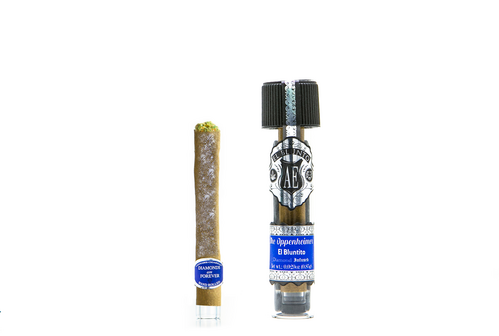 A photograph of AE PLATINUM El Bluntito Diamond Infused Indica The Oppenheimer .85g