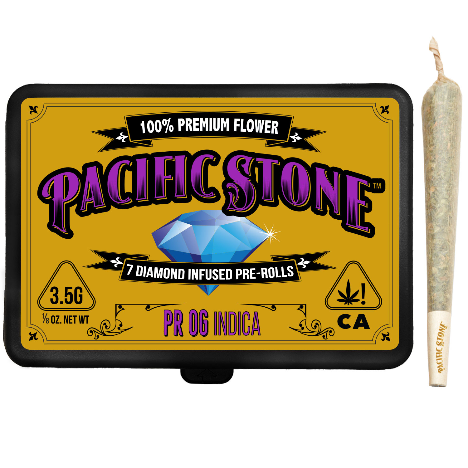 A photograph of Pacific Stone Diamond Infused Prerolls 0.5g Indica PR OG 7-Pack 3.5g