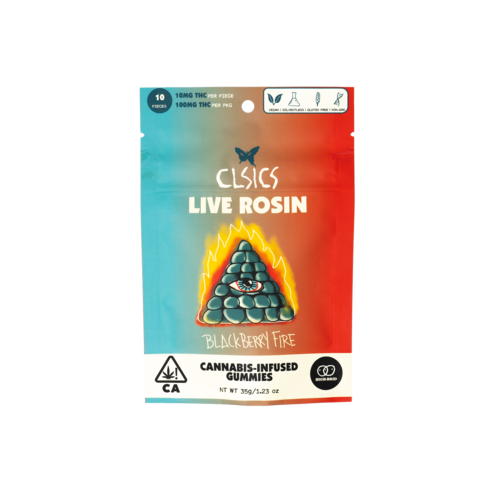 A photograph of CLSICS Live Rosin Gummies Hybrid Blackberry Fire